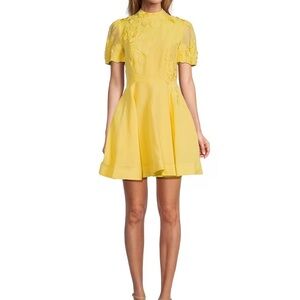 Iris Linen Blend Floral Applique Mock Neck A-Line Mini Dress